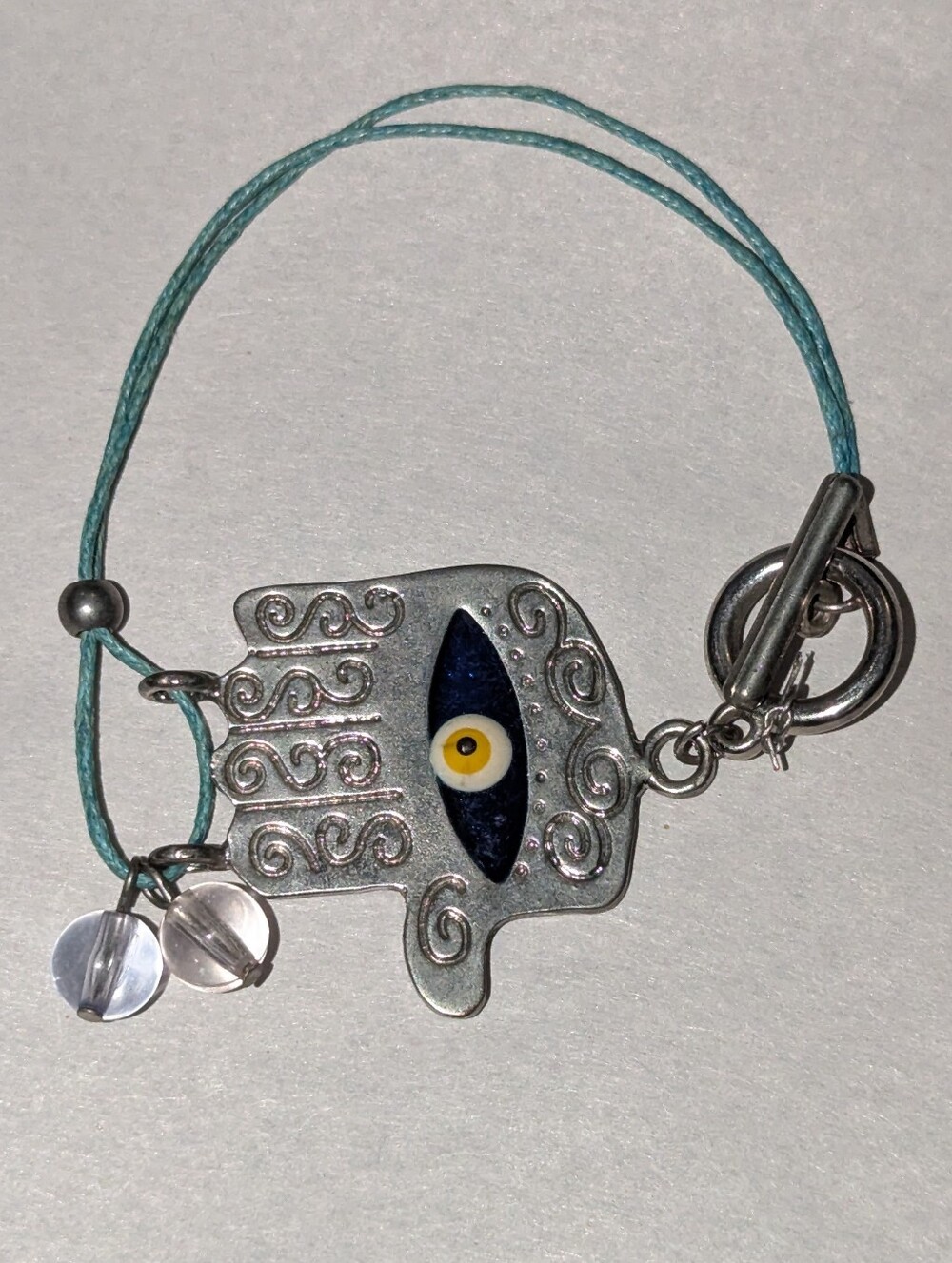 Vintage Silver Hamsa Bracelet with Blue Eye and Aqua Cord